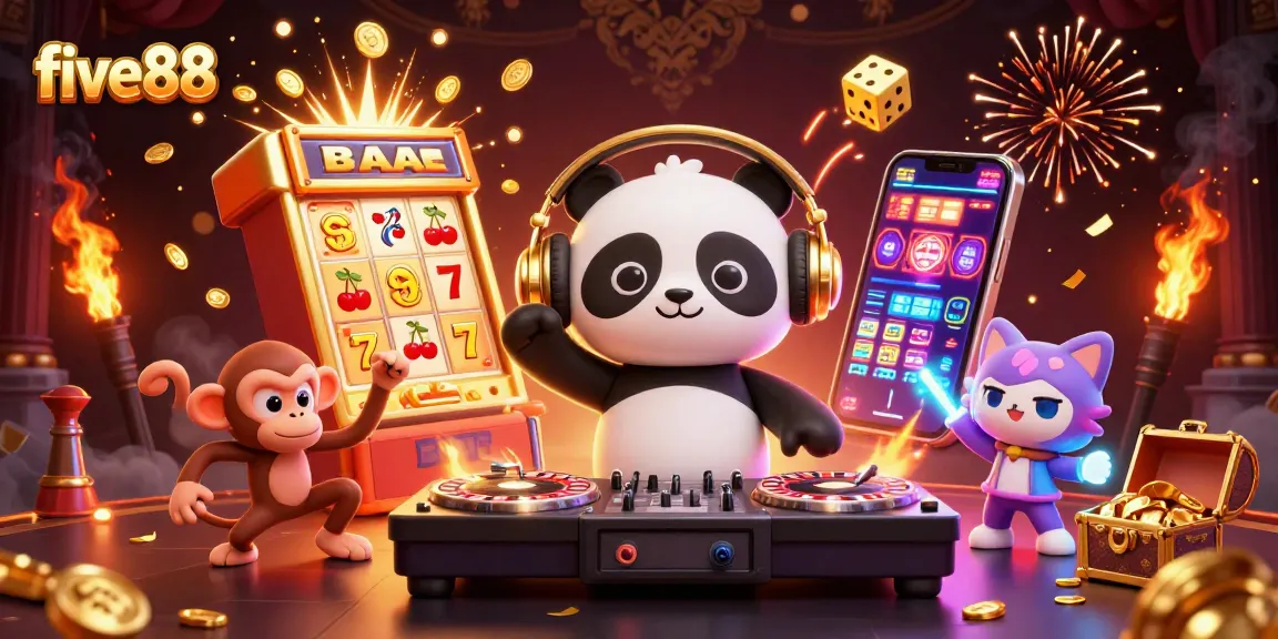 Experience excitement with five88 featuring a DJ panda, dancing monkey, and rave kitten amidst casino scenes.