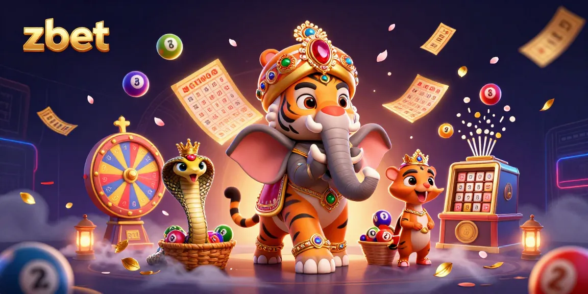 ZBET offers thrilling gambling excitement with a dynamic casino scene featuring a maharaja tiger and colorful lottery elements.