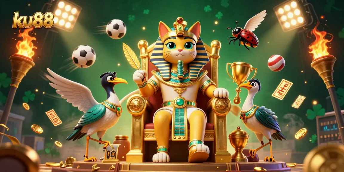 ku88 engages in dynamic sports betting with pharaoh cat and scribe, surrounded by vibrant casino elements