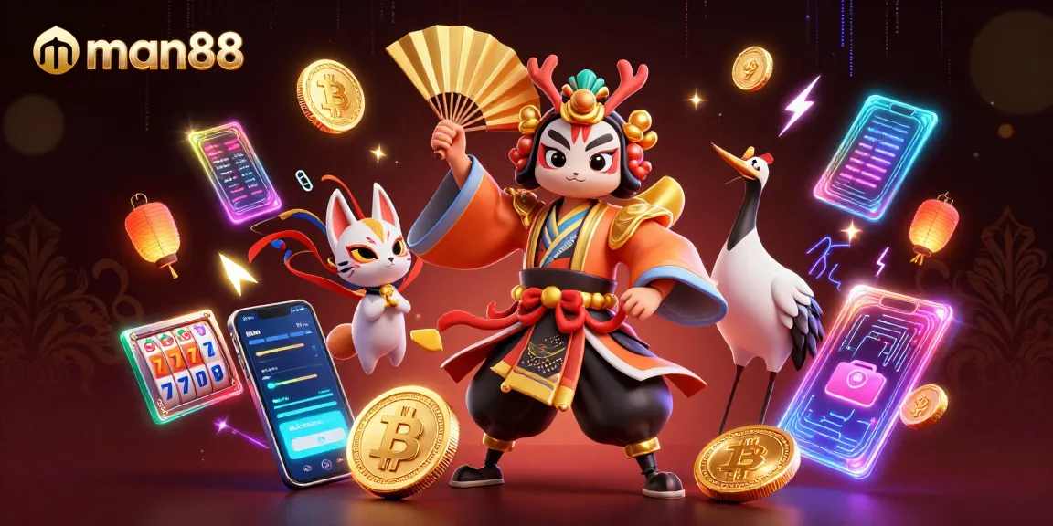 Experience the excitement with man88's vibrant 3D casino scene featuring kabuki warriors and slots.