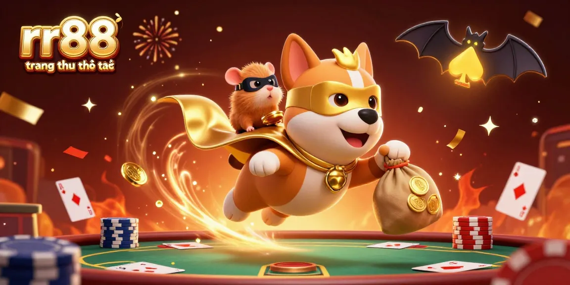 Engage with rr88 trang chủ chính thức as a superhero dog delivers gold coins in a vibrant casino scene.