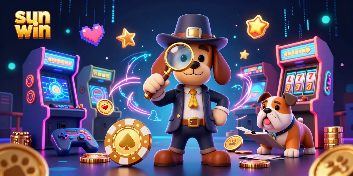 Engage with sun win's vibrant casino scene featuring a detective and bulldog solving the poker chip mystery.