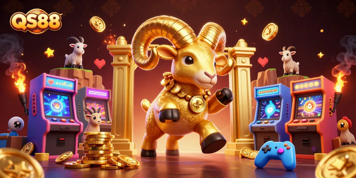 Experience thrilling gaming at QS88 with a dynamic scene of a golden ram charging through a casino