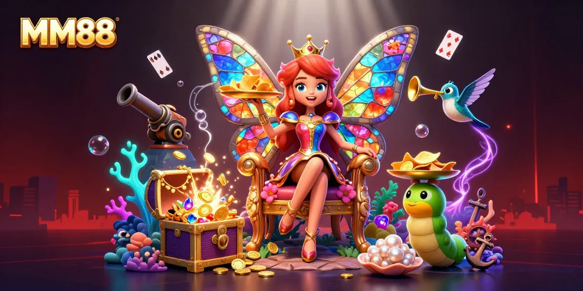 Engage with MM88's vibrant underwater casino scene depicted by a butterfly queen and playful characters.